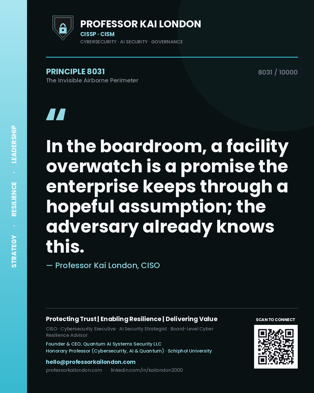 Quote card by Professor Kai London reading 'In the boardroom, a facility overwatch is a promise the enterprise keeps through a hopeful assumption; the adversary already knows this.'. From the book The Invisible Airborne Perimeter.