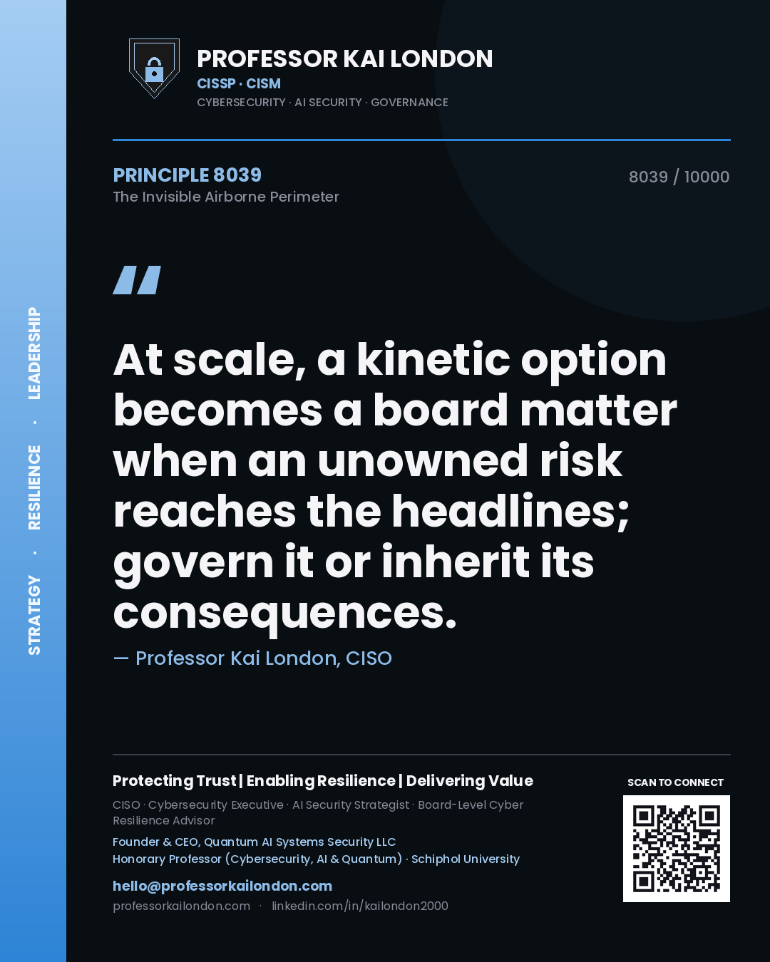 Quote card by Professor Kai London reading 'At scale, a kinetic option becomes a board matter when an unowned risk reaches the headlines; govern it or inherit its consequences.'. From the book The Invisible Airborne Perimeter.