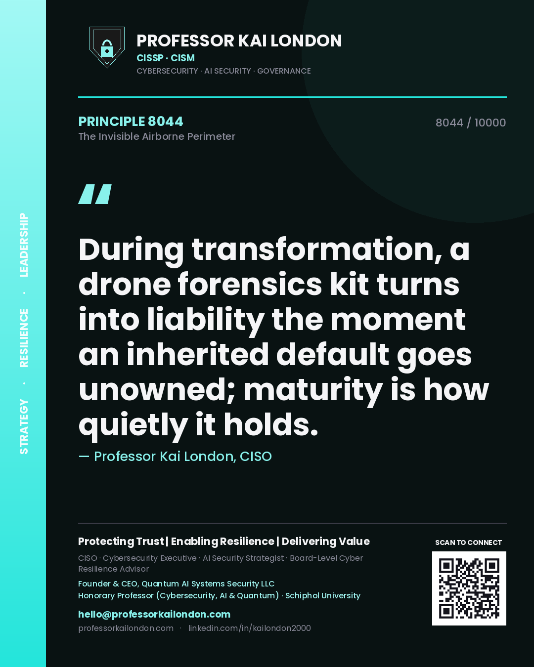 Quote card by Professor Kai London reading 'During transformation, a drone forensics kit turns into liability the moment an inherited default goes unowned; maturity is how quietly it holds.'. From the book The Invisible Airborne Perimeter.