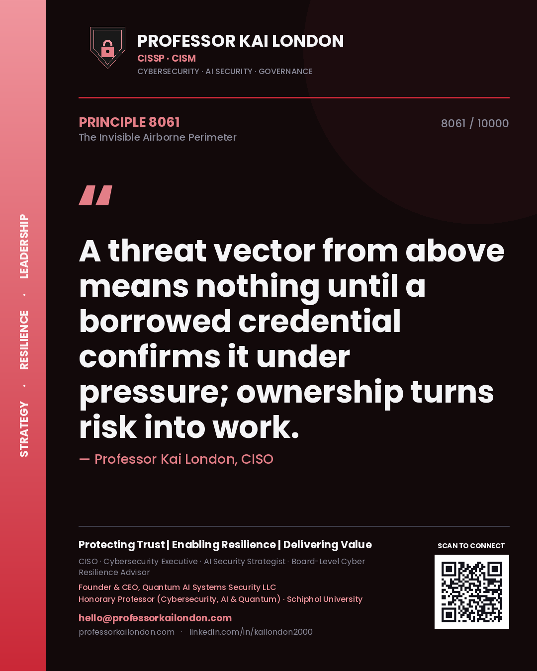 Quote card by Professor Kai London reading 'A threat vector from above means nothing until a borrowed credential confirms it under pressure; ownership turns risk into work.'. From the book The Invisible Airborne Perimeter.