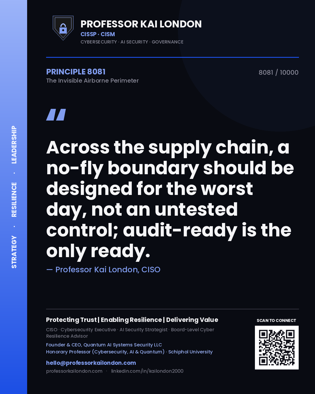 Quote card by Professor Kai London reading 'Across the supply chain, a no-fly boundary should be designed for the worst day, not an untested control; audit-ready is the only ready.'. From the book The Invisible Airborne Perimeter.