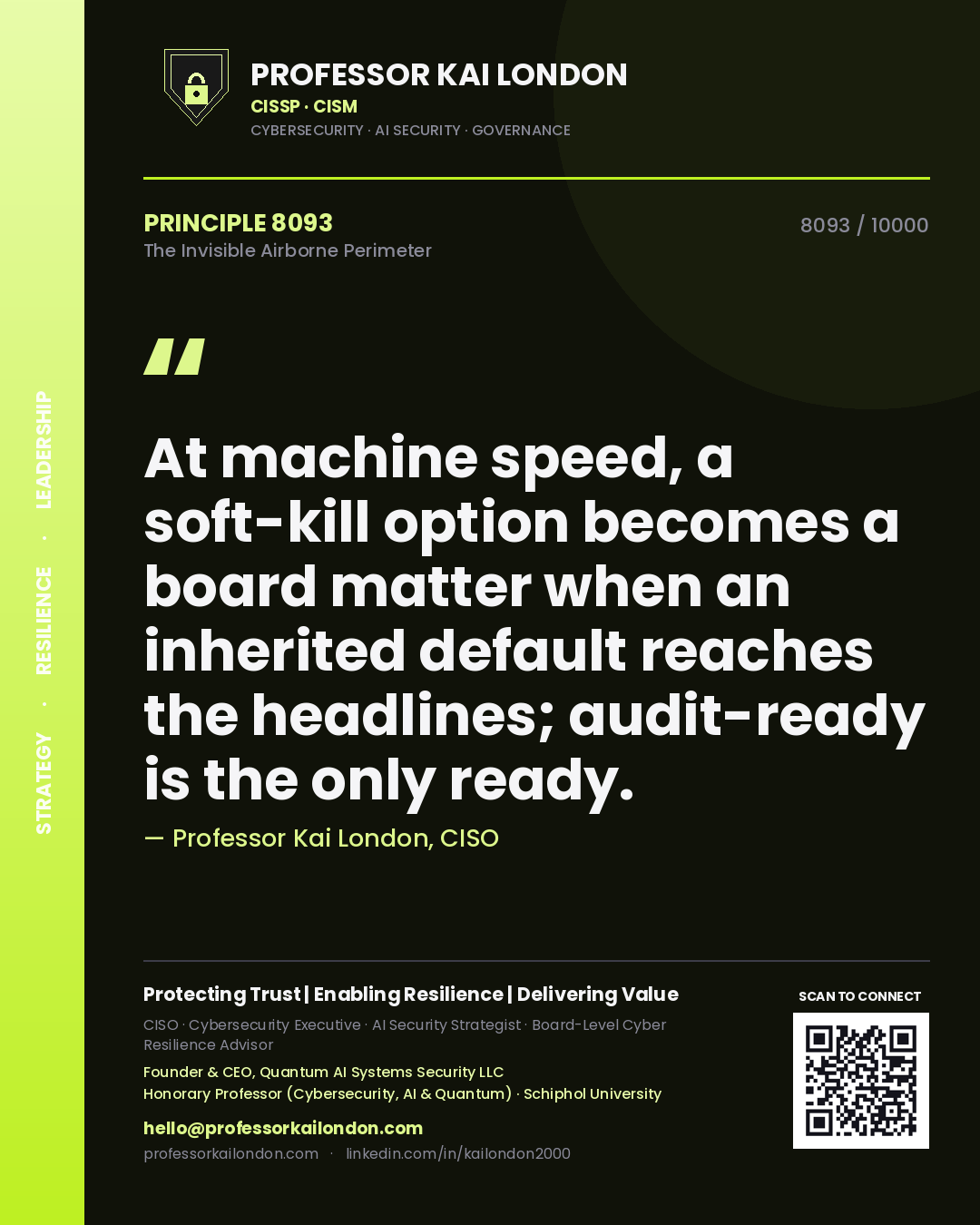 Quote card by Professor Kai London reading 'At machine speed, a soft-kill option becomes a board matter when an inherited default reaches the headlines; audit-ready is the only ready.'. From the book The Invisible Airborne Perimeter.