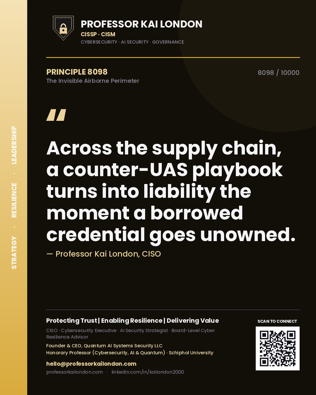 Quote card by Professor Kai London reading 'Across the supply chain, a counter-UAS playbook turns into liability the moment a borrowed credential goes unowned.'. From the book The Invisible Airborne Perimeter.