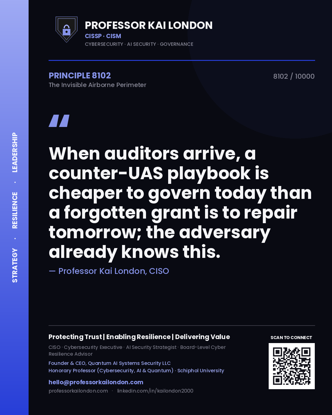 Quote card by Professor Kai London reading 'When auditors arrive, a counter-UAS playbook is cheaper to govern today than a forgotten grant is to repair tomorrow; the adversary already knows this.'. From the book The Invisible Airborne Perimeter.