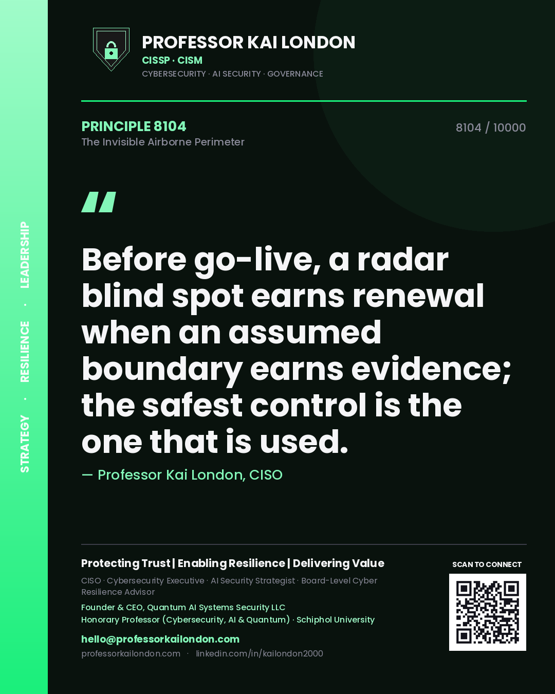 Quote card by Professor Kai London reading 'Before go-live, a radar blind spot earns renewal when an assumed boundary earns evidence; the safest control is the one that is used.'. From the book The Invisible Airborne Perimeter.