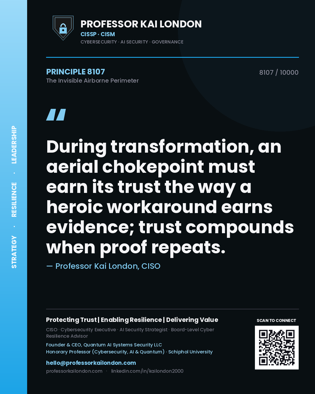Professor Kai London principle 8107: During transformation, an aerial chokepoint must earn its trust the way a heroic workaround earns evidence; trust compounds when proof repeats.