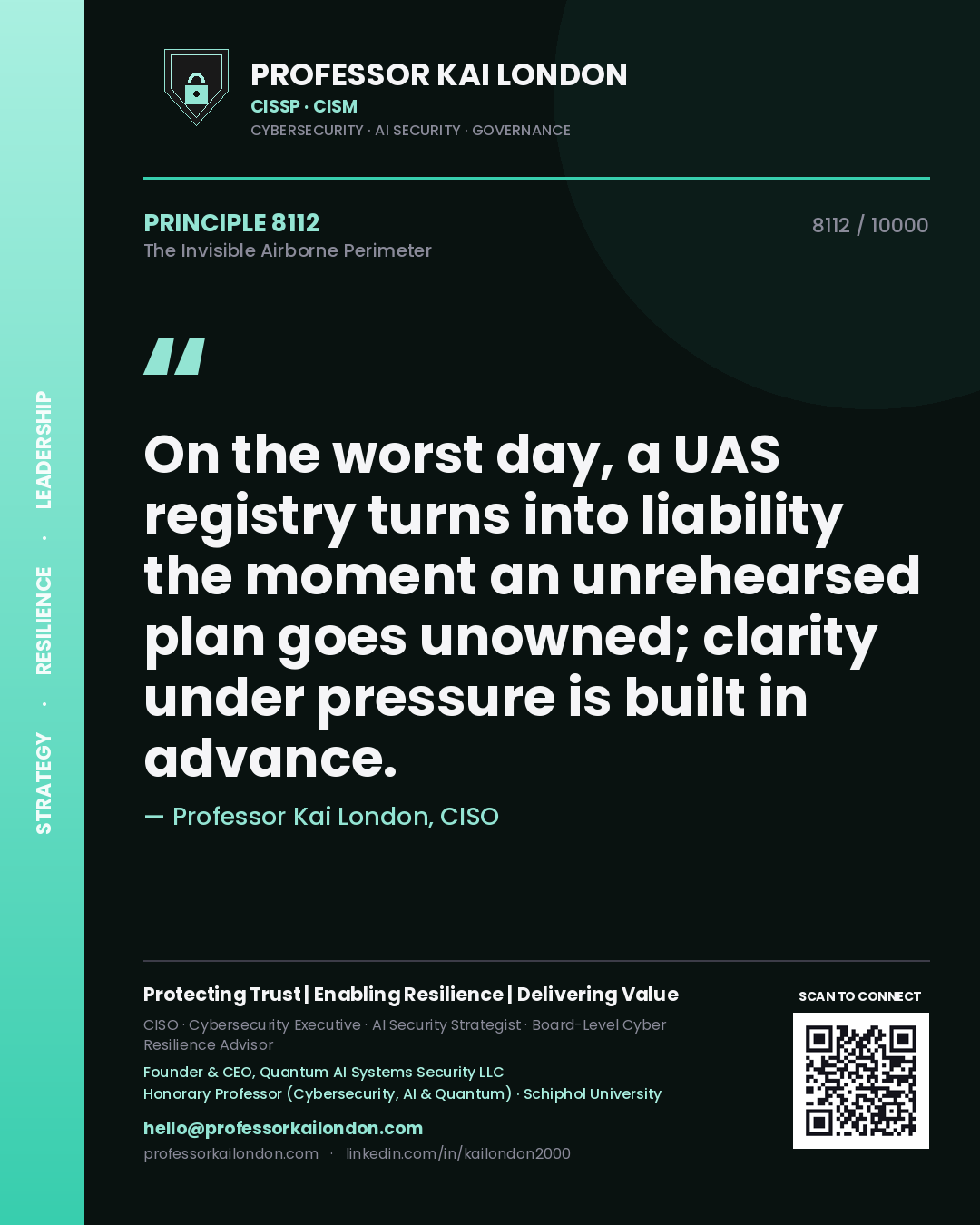 Professor Kai London principle 8112: On the worst day, a UAS registry turns into liability the moment an unrehearsed plan goes unowned; clarity under pressure is built in advance.