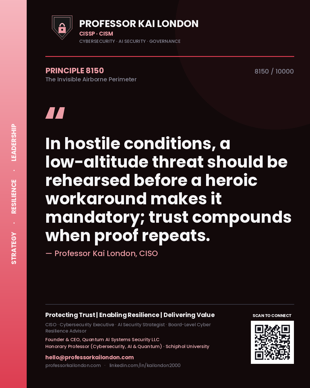 Quote card by Professor Kai London reading 'In hostile conditions, a low-altitude threat should be rehearsed before a heroic workaround makes it mandatory; trust compounds when proof repeats.'. From the book The Invisible Airborne Perimeter.