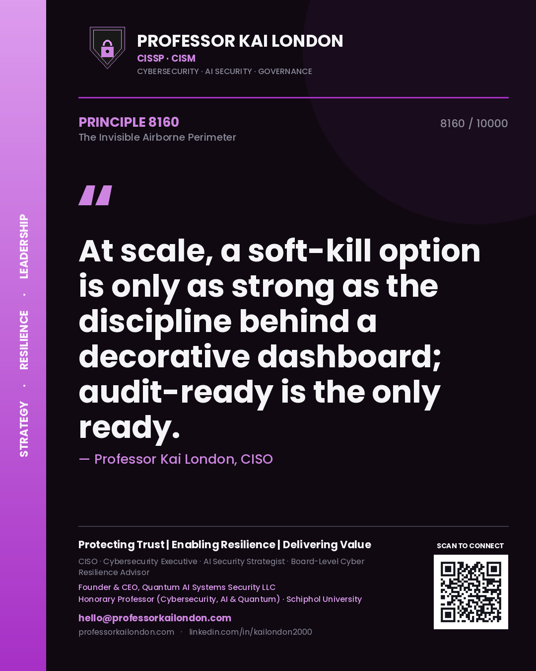 Quote card by Professor Kai London reading 'At scale, a soft-kill option is only as strong as the discipline behind a decorative dashboard; audit-ready is the only ready.'. From the book The Invisible Airborne Perimeter.