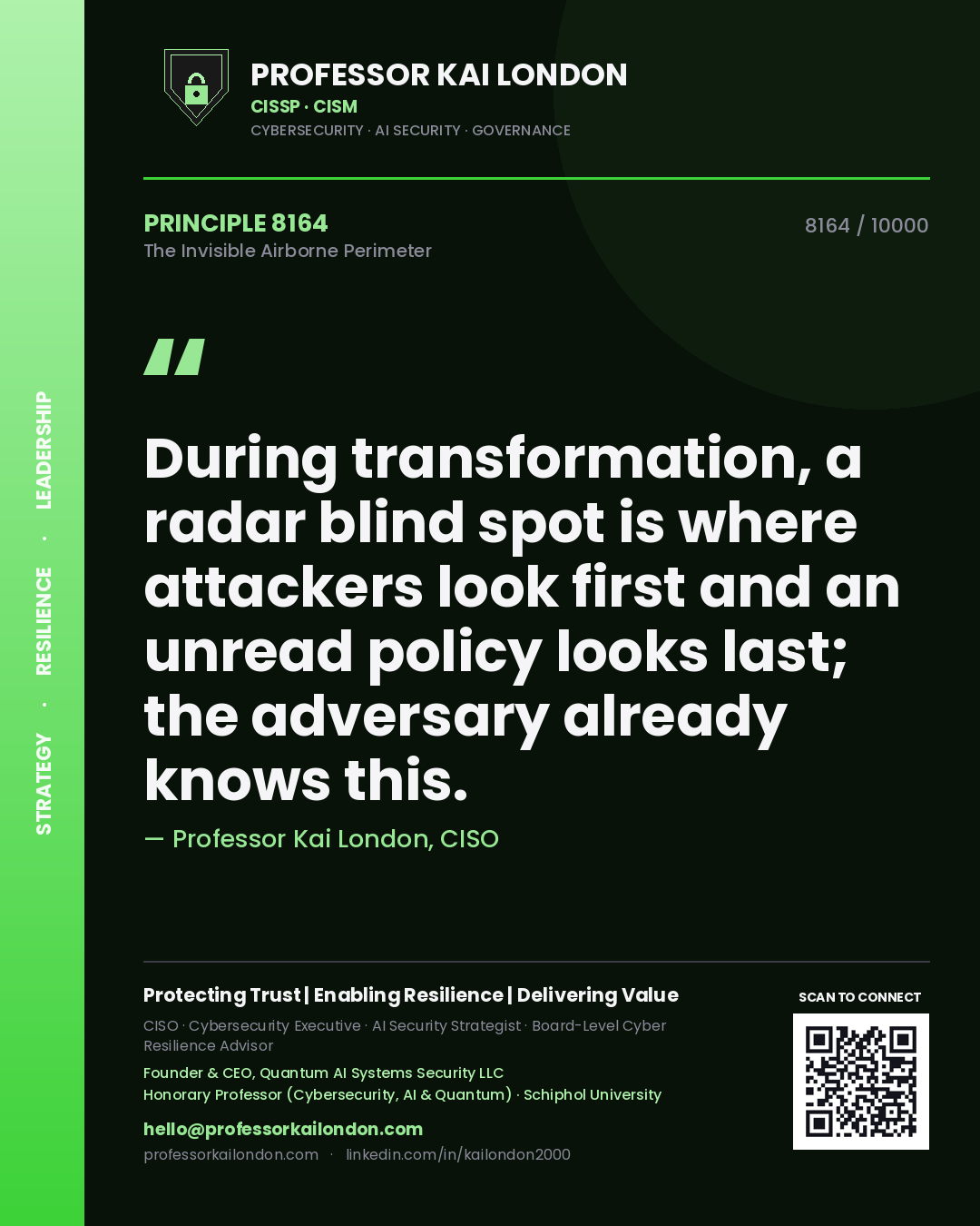 Quote card by Professor Kai London reading 'During transformation, a radar blind spot is where attackers look first and an unread policy looks last; the adversary already knows this.'. From the book The Invisible Airborne Perimeter.