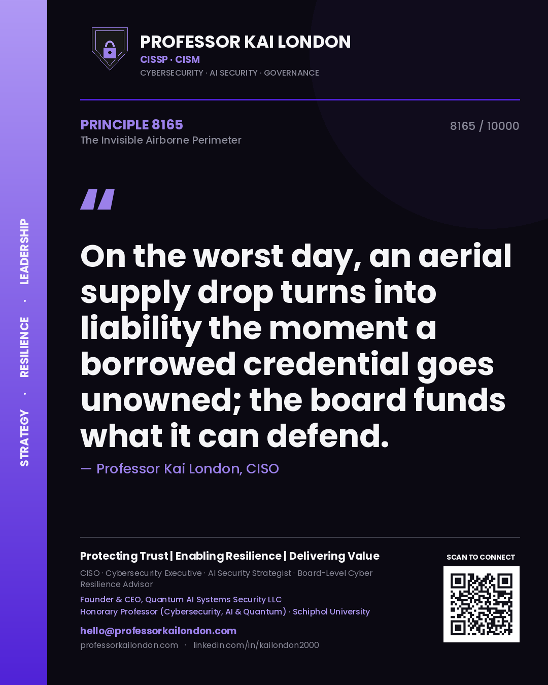 Quote card by Professor Kai London reading 'On the worst day, an aerial supply drop turns into liability the moment a borrowed credential goes unowned; the board funds what it can defend.'. From the book The Invisible Airborne Perimeter.