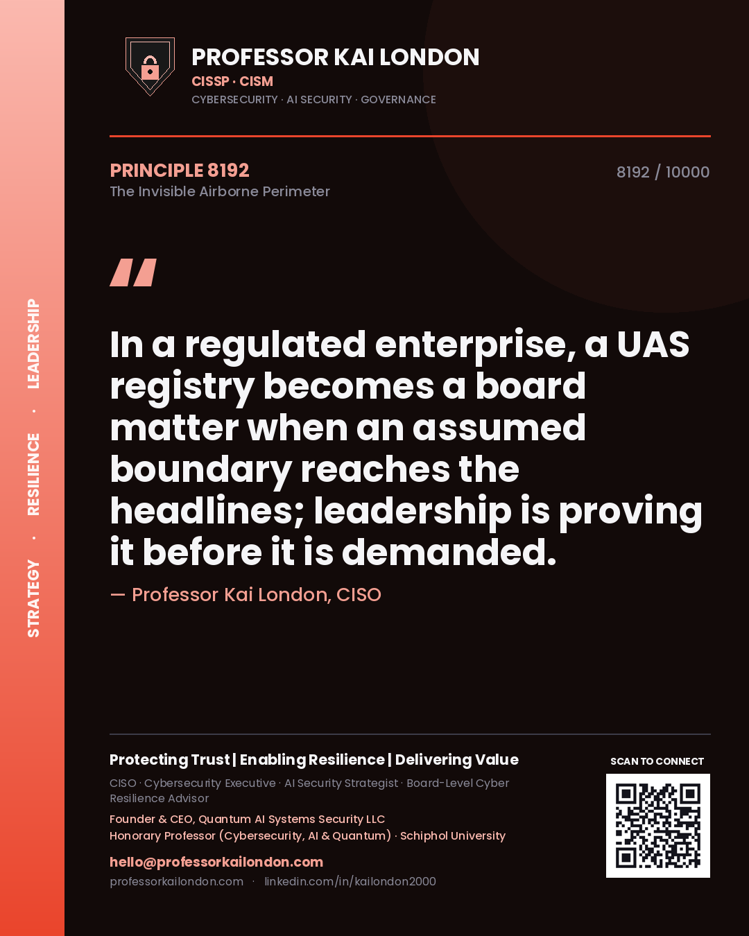 Quote card by Professor Kai London reading 'In a regulated enterprise, a UAS registry becomes a board matter when an assumed boundary reaches the headlines; leadership is proving it before it is demanded.'. From the book The Invisible Airborne Perimeter.