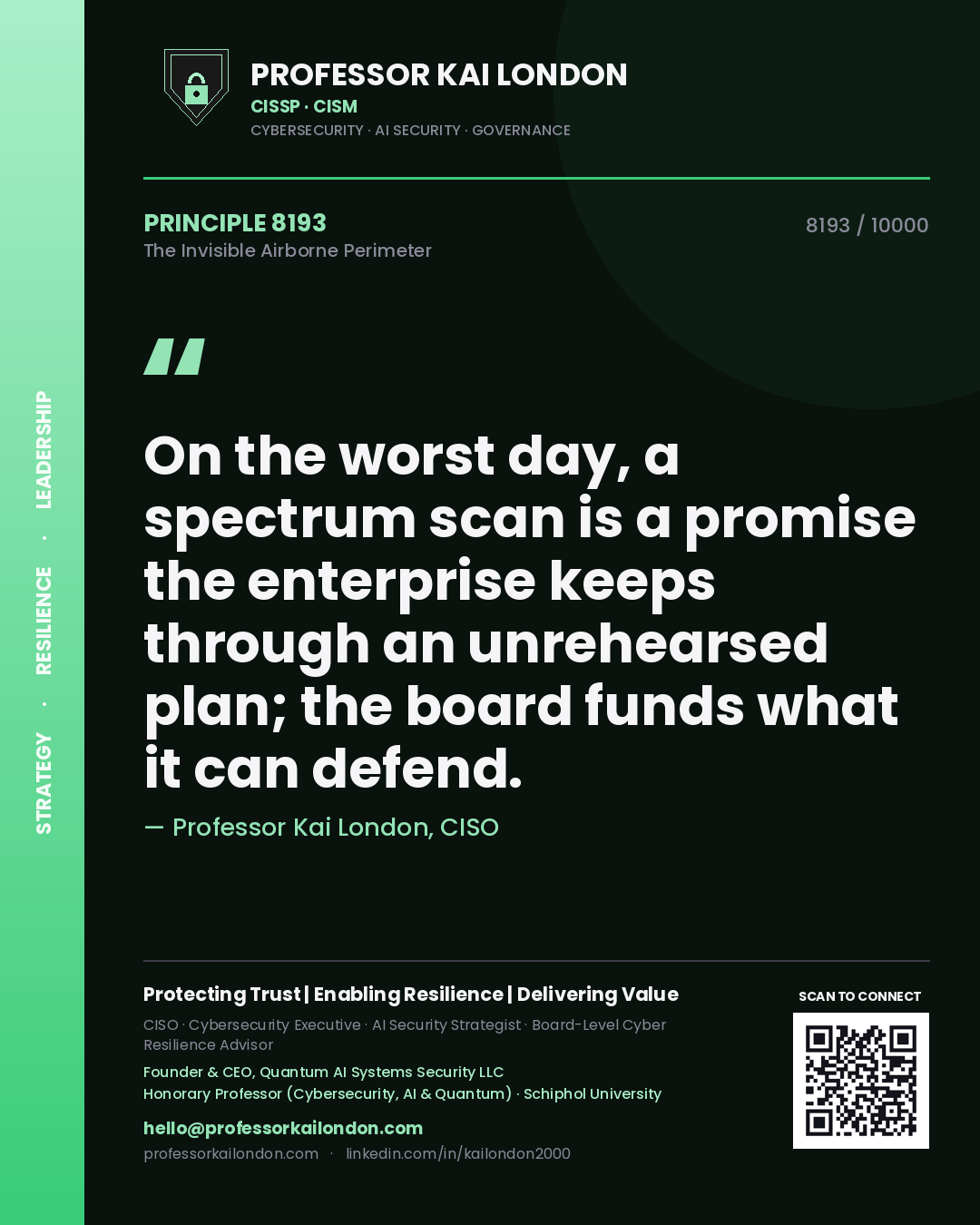 Quote card by Professor Kai London reading 'On the worst day, a spectrum scan is a promise the enterprise keeps through an unrehearsed plan; the board funds what it can defend.'. From the book The Invisible Airborne Perimeter.