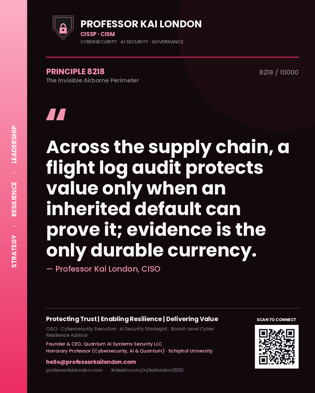 Professor Kai London principle 8218: Across the supply chain, a flight log audit protects value only when an inherited default can prove it; evidence is the only durable currency.