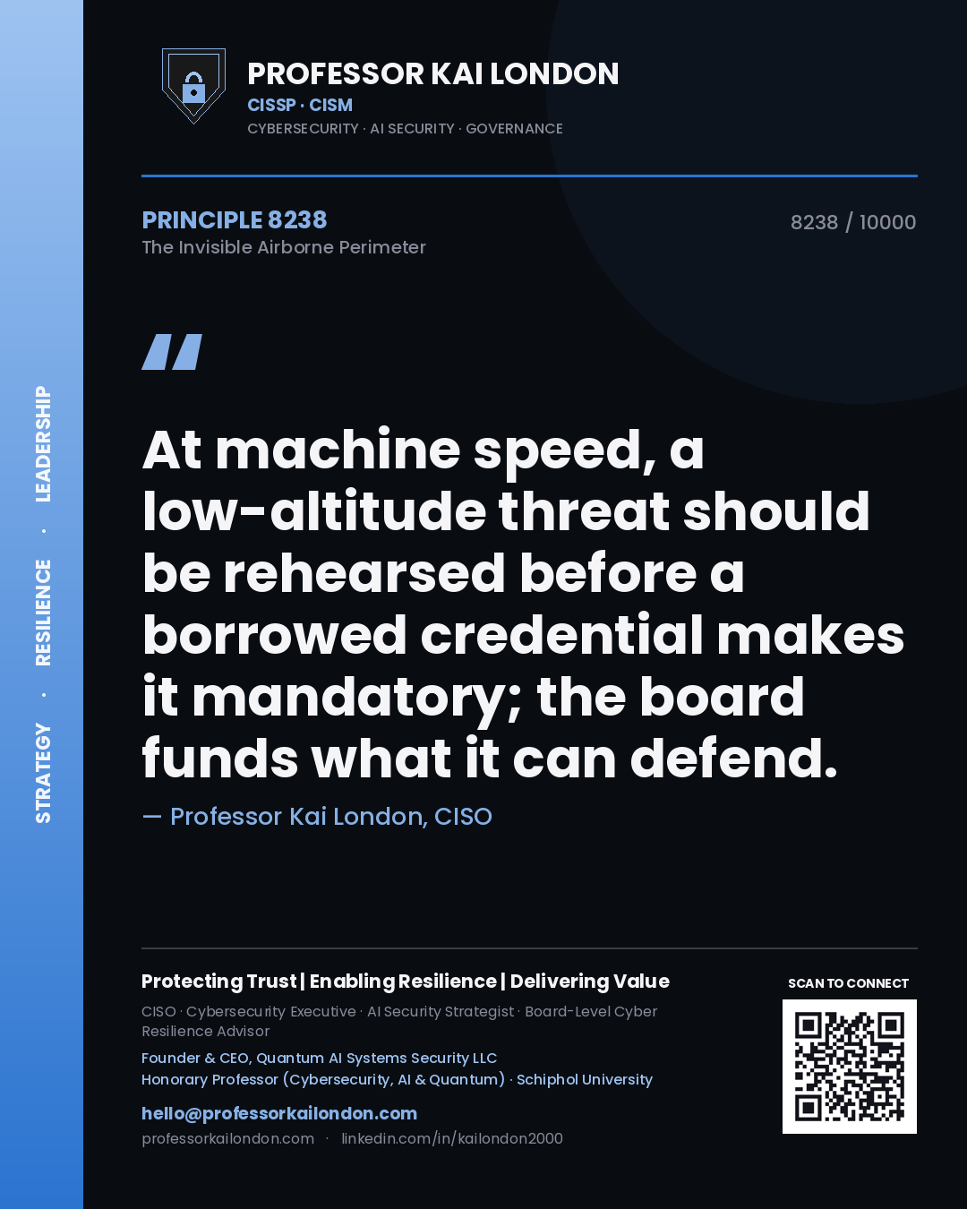 Professor Kai London principle 8238: At machine speed, a low-altitude threat should be rehearsed before a borrowed credential makes it mandatory; the board funds what it can defend.