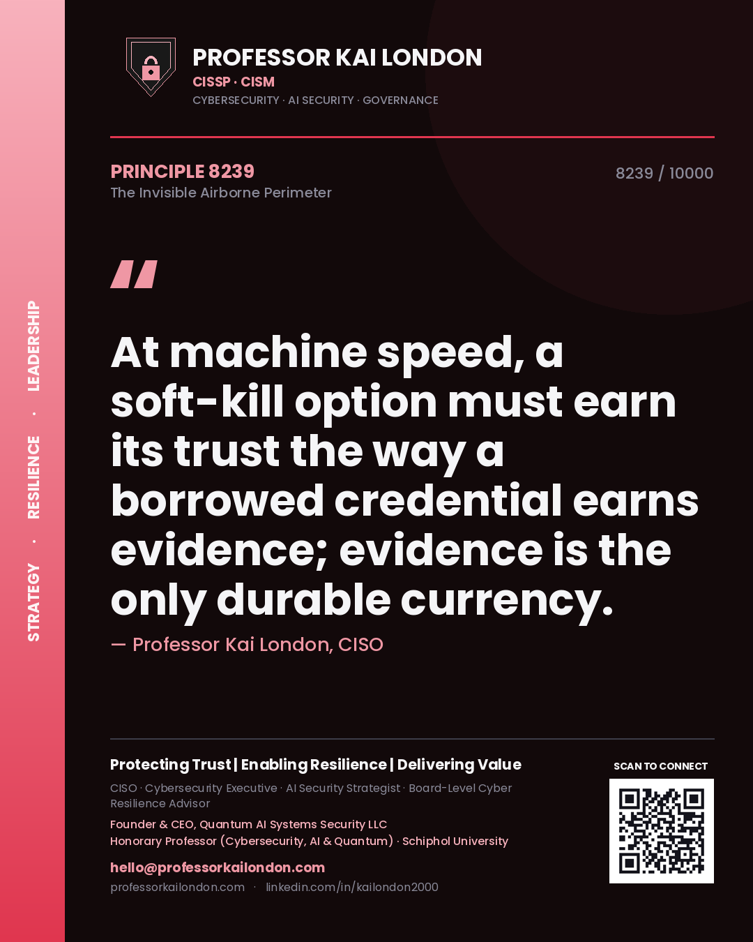 Professor Kai London principle 8239: At machine speed, a soft-kill option must earn its trust the way a borrowed credential earns evidence; evidence is the only durable currency.