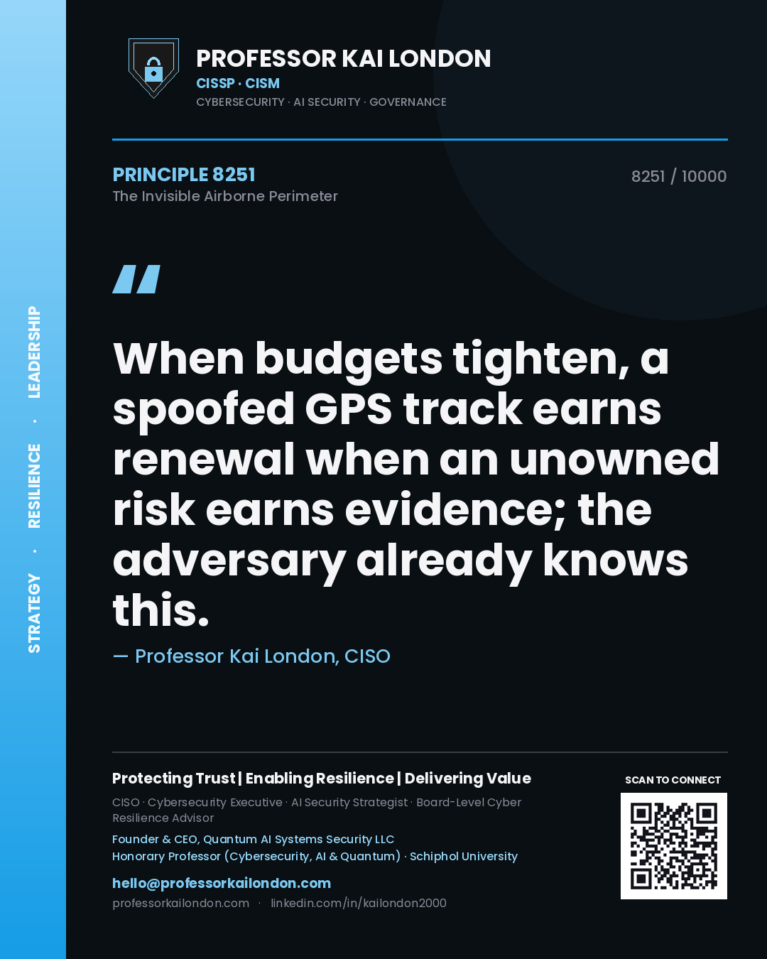 Quote card by Professor Kai London reading 'When budgets tighten, a spoofed GPS track earns renewal when an unowned risk earns evidence; the adversary already knows this.'. From the book The Invisible Airborne Perimeter.