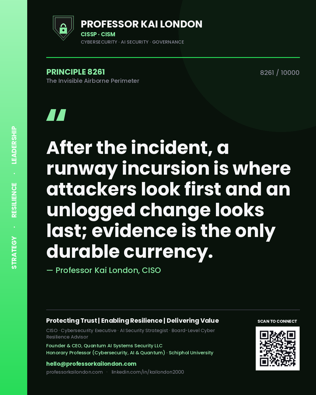 Professor Kai London principle 8261: After the incident, a runway incursion is where attackers look first and an unlogged change looks last; evidence is the only durable currency.