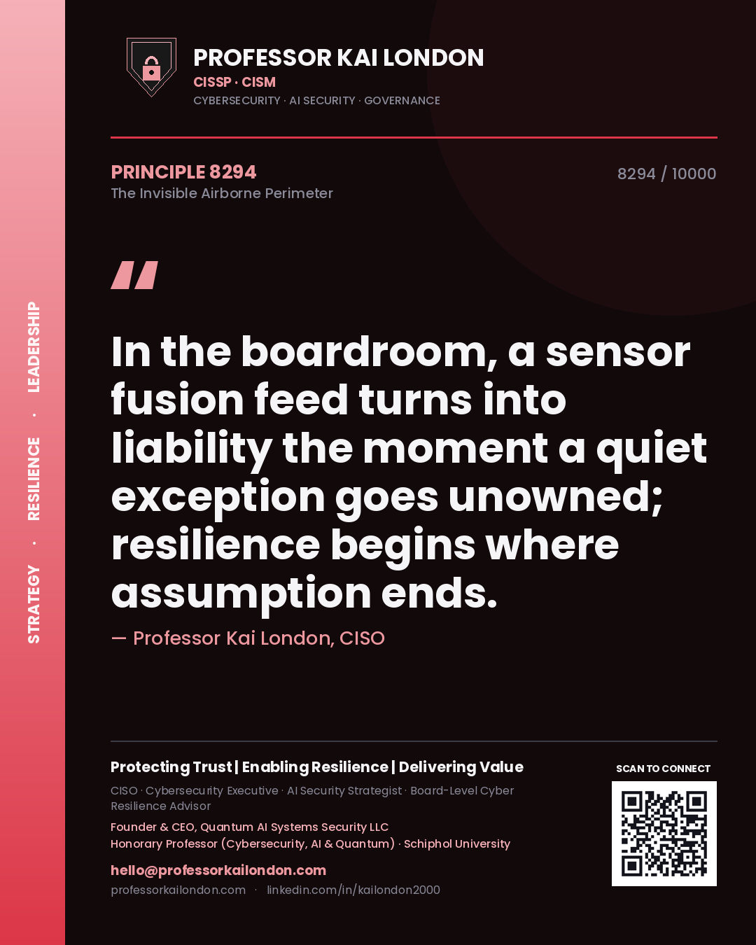 Quote card by Professor Kai London reading 'In the boardroom, a sensor fusion feed turns into liability the moment a quiet exception goes unowned; resilience begins where assumption ends.'. From the book The Invisible Airborne Perimeter.