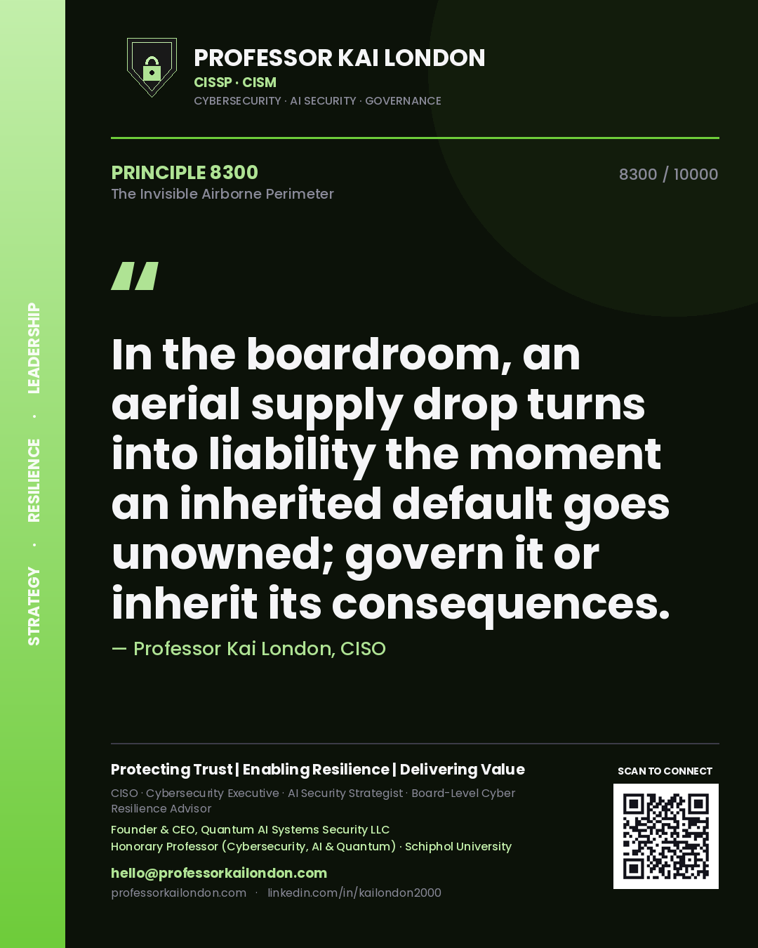 Professor Kai London principle 8300: In the boardroom, an aerial supply drop turns into liability the moment an inherited default goes unowned; govern it or inherit its consequences.