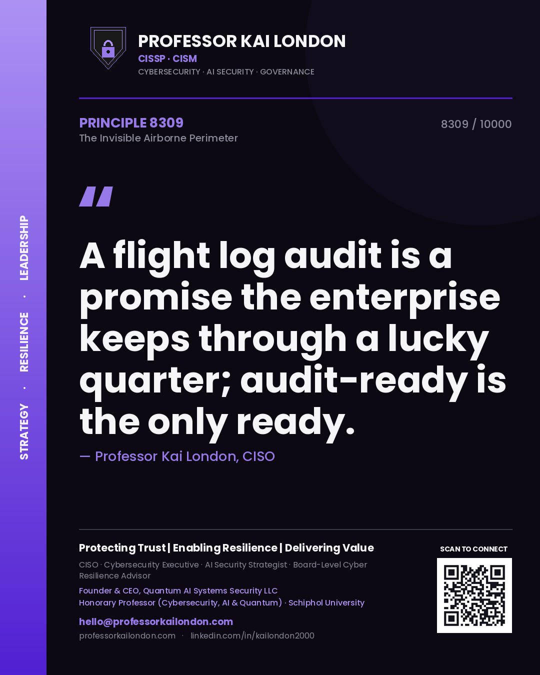 Quote card by Professor Kai London reading 'A flight log audit is a promise the enterprise keeps through a lucky quarter; audit-ready is the only ready.'. From the book The Invisible Airborne Perimeter.