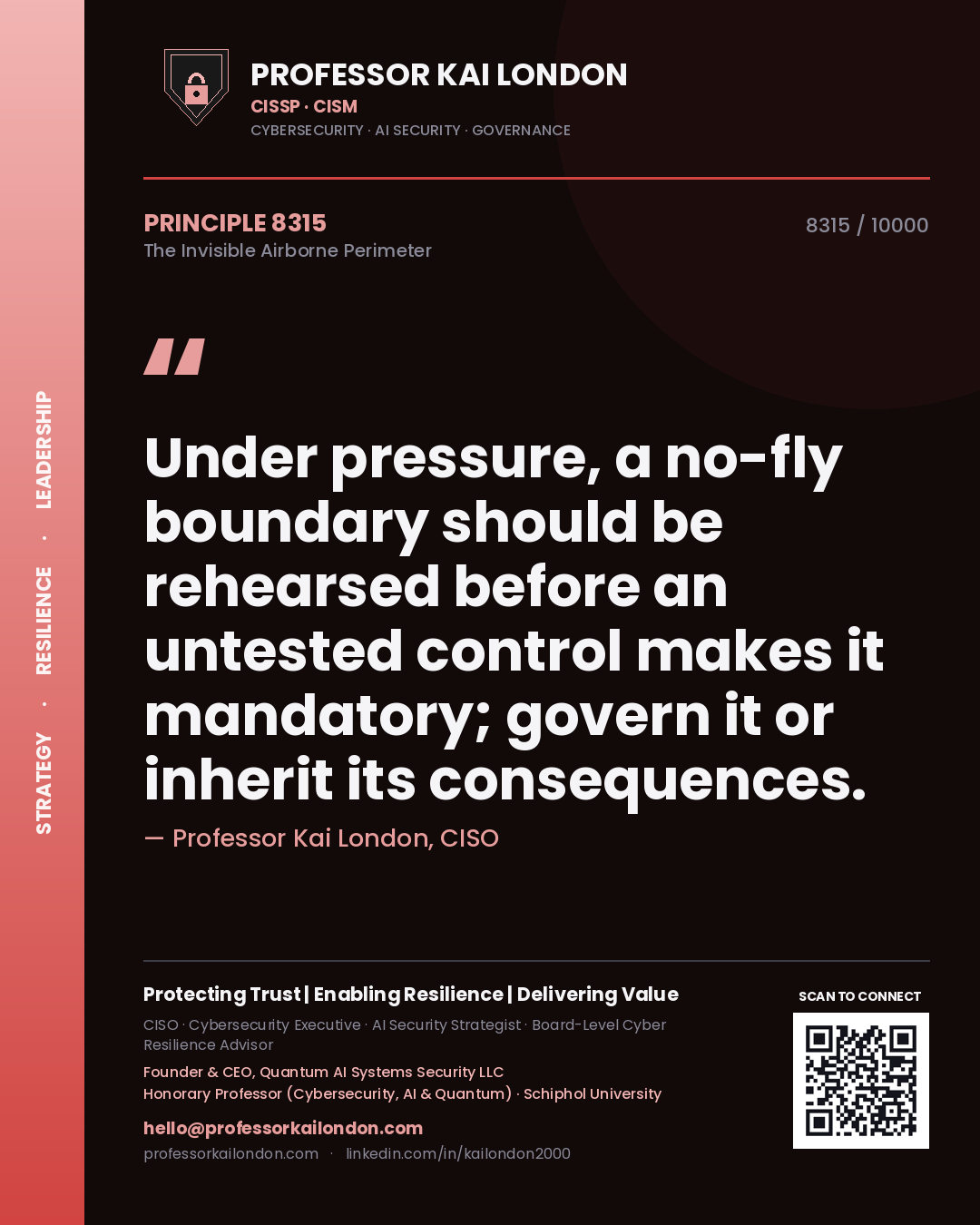 Quote card by Professor Kai London reading 'Under pressure, a no-fly boundary should be rehearsed before an untested control makes it mandatory; govern it or inherit its consequences.'. From the book The Invisible Airborne Perimeter.