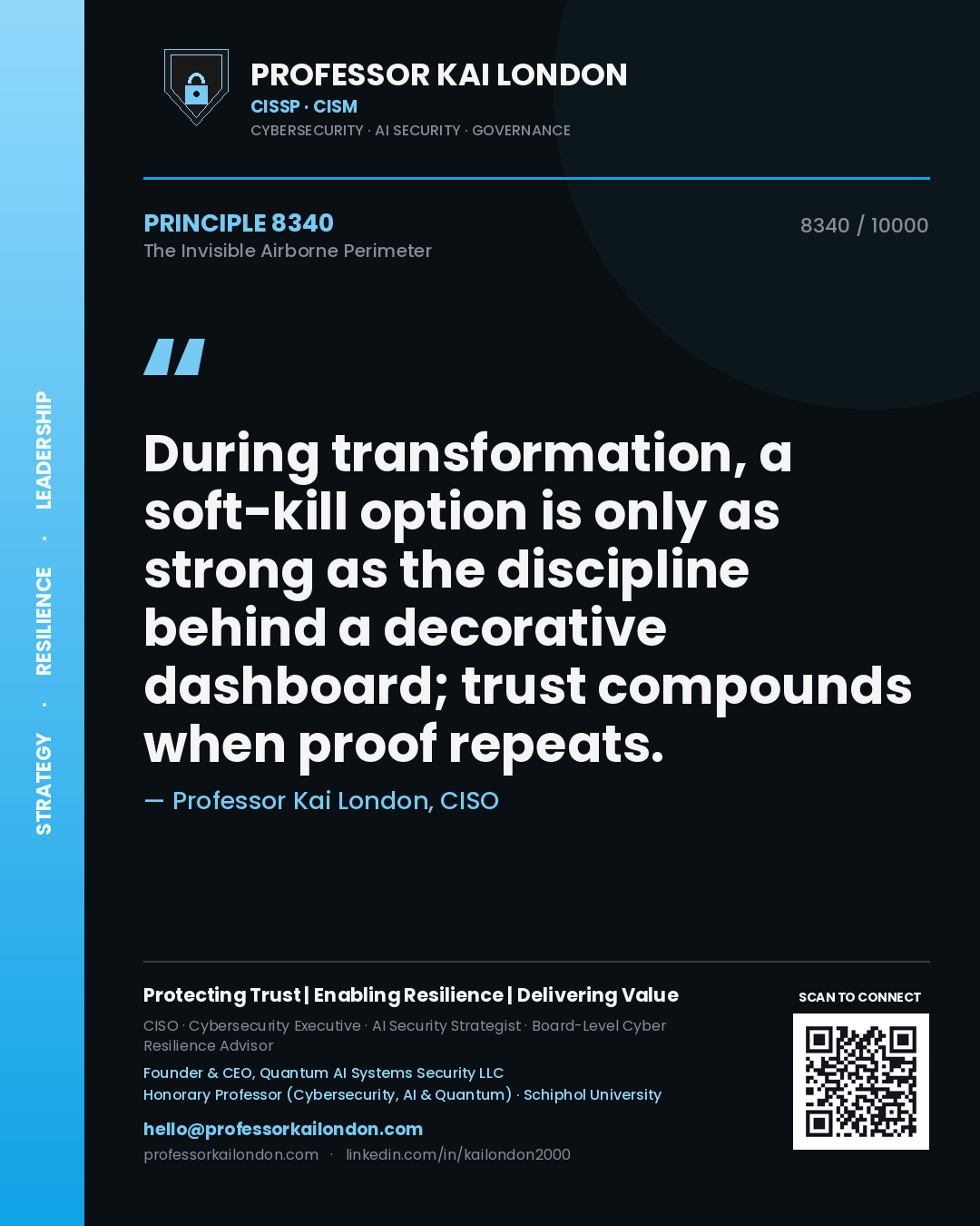 Quote card by Professor Kai London reading 'During transformation, a soft-kill option is only as strong as the discipline behind a decorative dashboard; trust compounds when proof repeats.'. From the book The Invisible Airborne Perimeter.