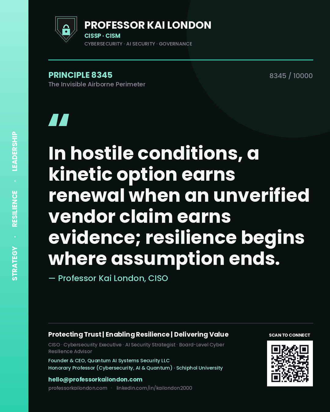 Quote card by Professor Kai London reading 'In hostile conditions, a kinetic option earns renewal when an unverified vendor claim earns evidence; resilience begins where assumption ends.'. From the book The Invisible Airborne Perimeter.