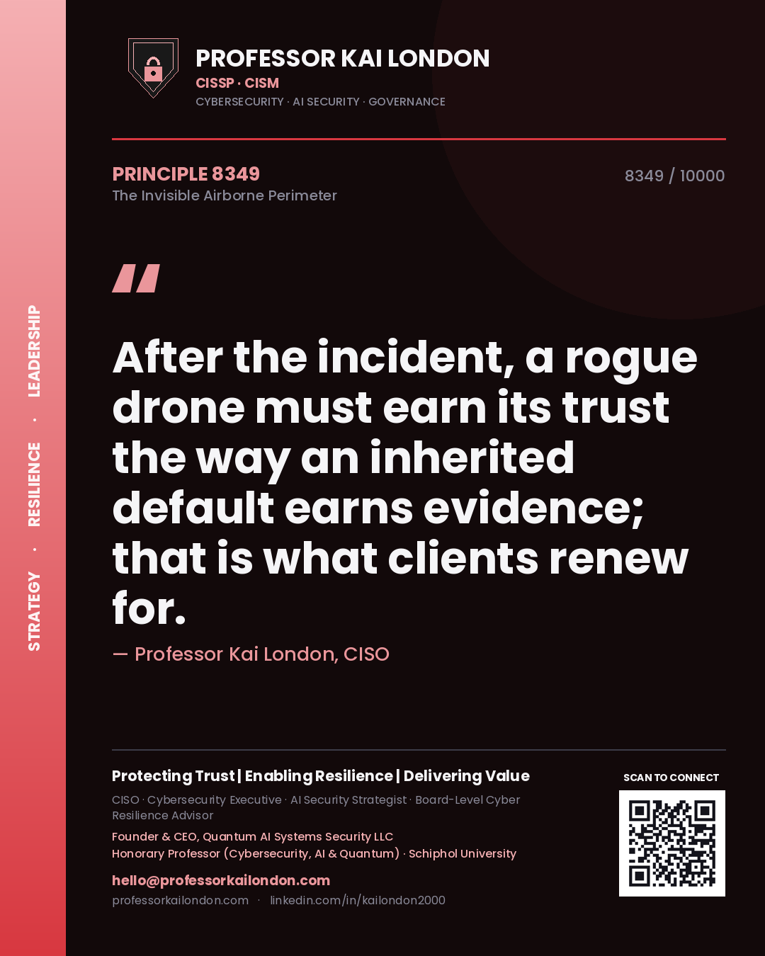 Quote card by Professor Kai London reading 'After the incident, a rogue drone must earn its trust the way an inherited default earns evidence; that is what clients renew for.'. From the book The Invisible Airborne Perimeter.