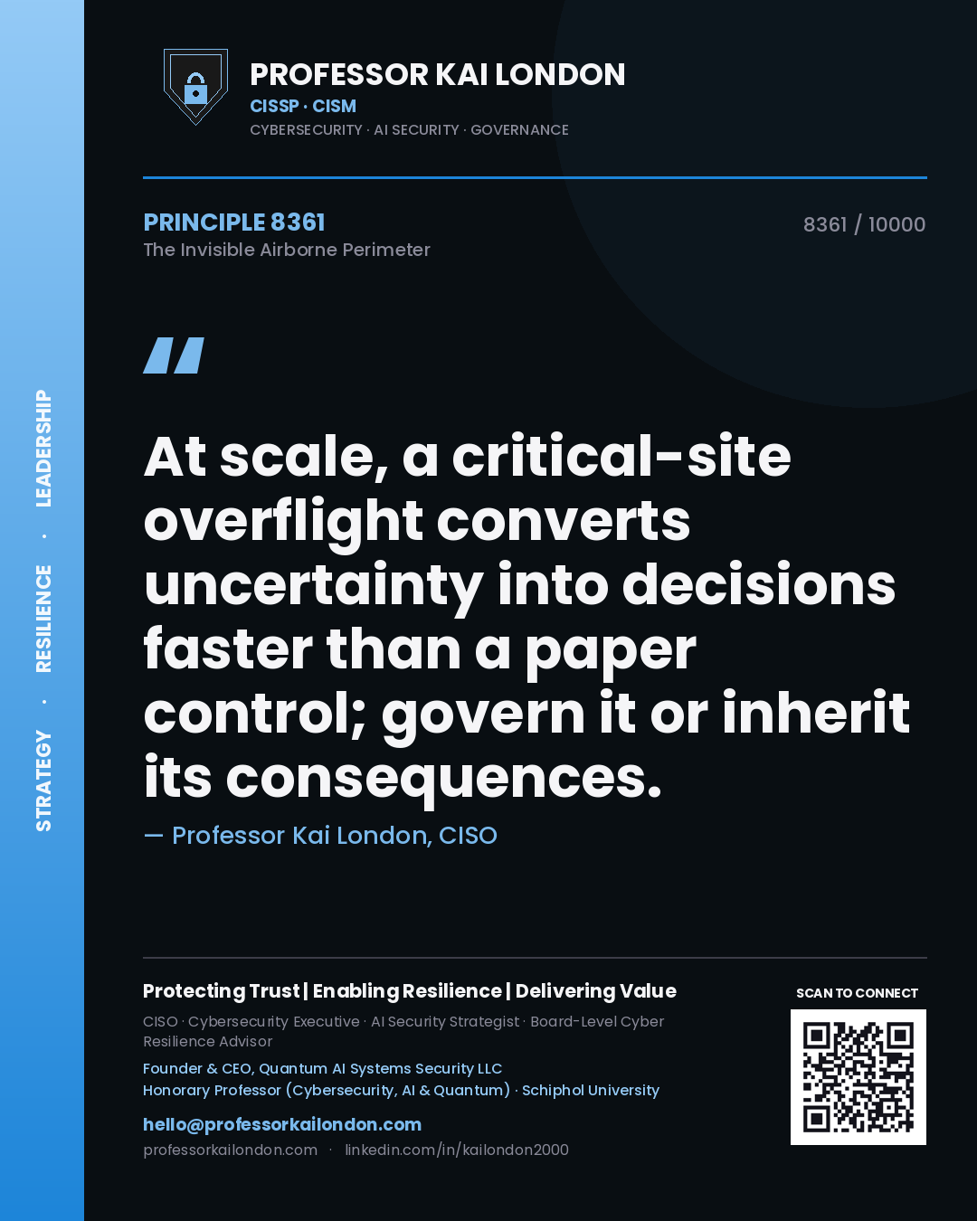 Quote card by Professor Kai London reading 'At scale, a critical-site overflight converts uncertainty into decisions faster than a paper control; govern it or inherit its consequences.'. From the book The Invisible Airborne Perimeter.