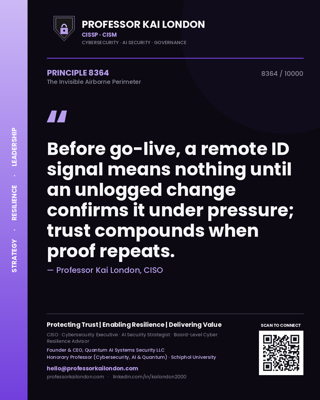 Quote card by Professor Kai London reading 'Before go-live, a remote ID signal means nothing until an unlogged change confirms it under pressure; trust compounds when proof repeats.'. From the book The Invisible Airborne Perimeter.