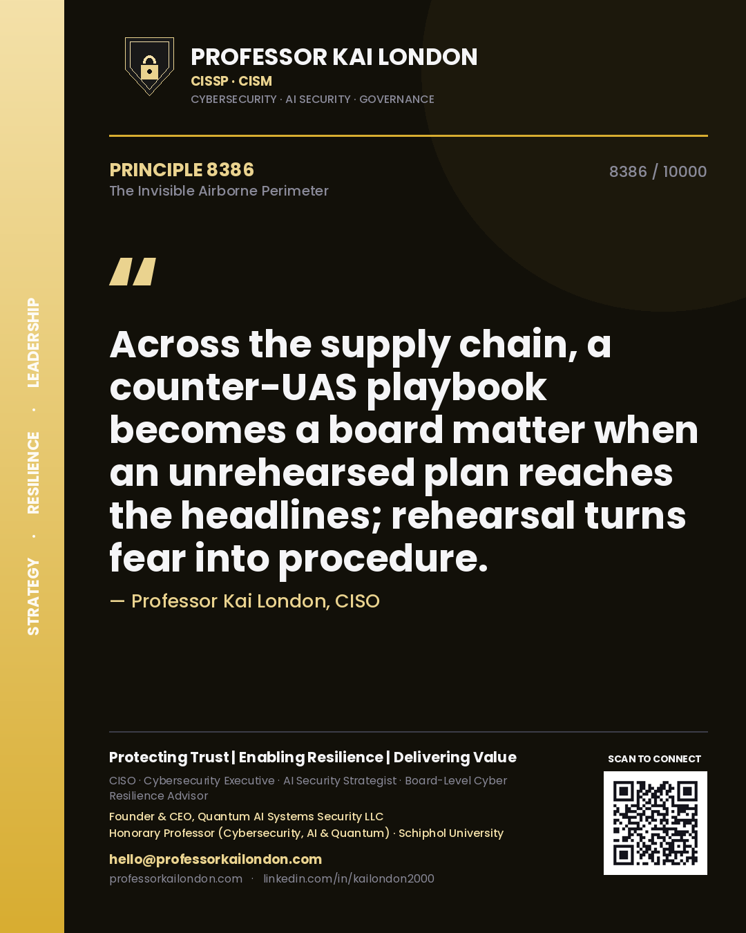 Quote card by Professor Kai London reading 'Across the supply chain, a counter-UAS playbook becomes a board matter when an unrehearsed plan reaches the headlines; rehearsal turns fear into procedure.'. From the book The Invisible Airborne Perimeter.