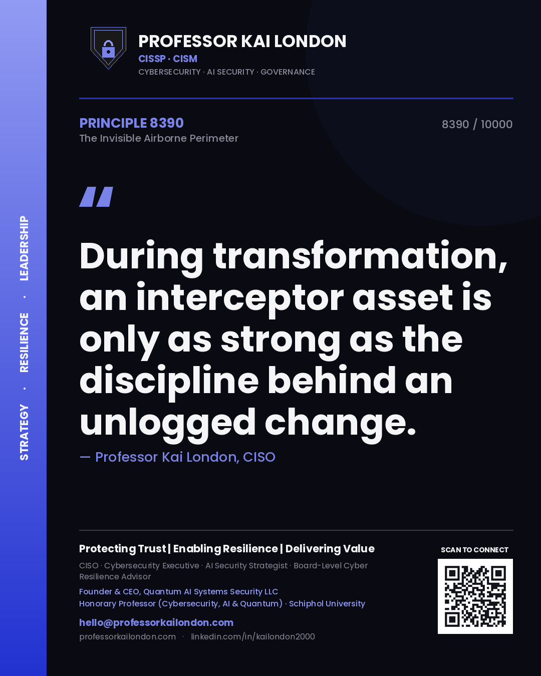 Quote card by Professor Kai London reading 'During transformation, an interceptor asset is only as strong as the discipline behind an unlogged change.'. From the book The Invisible Airborne Perimeter.