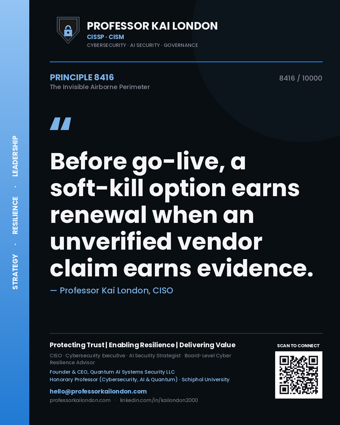 Professor Kai London principle 8416: Before go-live, a soft-kill option earns renewal when an unverified vendor claim earns evidence.