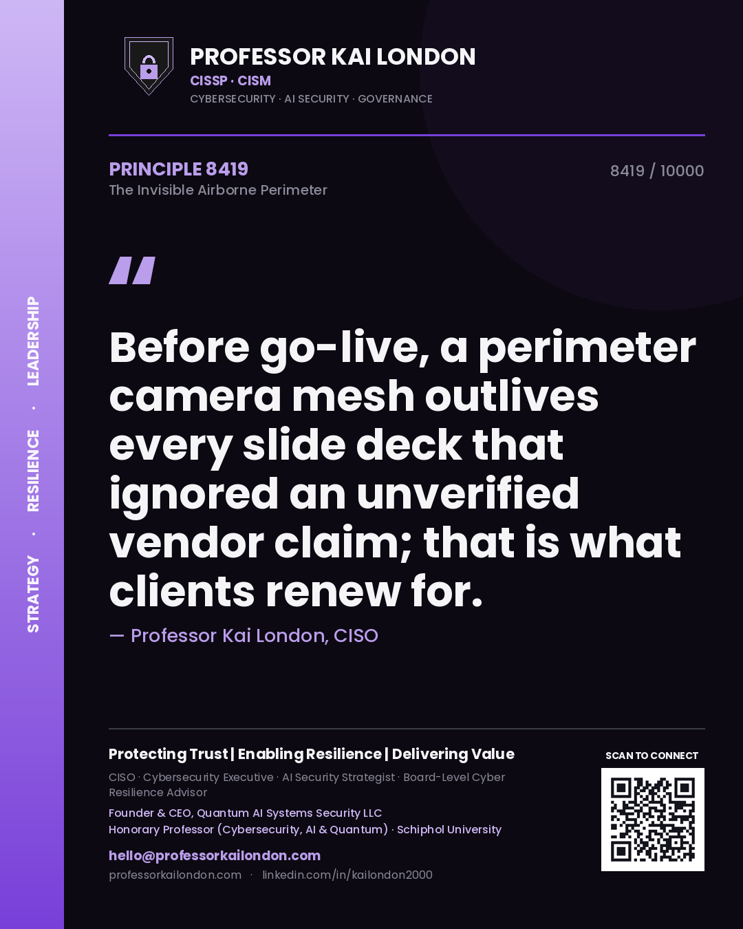 Quote card by Professor Kai London reading 'Before go-live, a perimeter camera mesh outlives every slide deck that ignored an unverified vendor claim; that is what clients renew for.'. From the book The Invisible Airborne Perimeter.