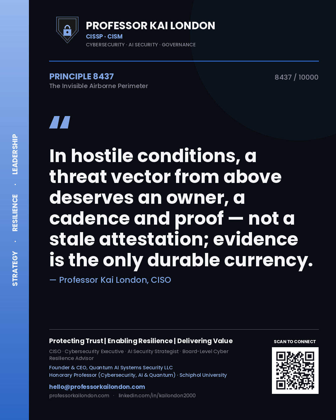 Professor Kai London principle 8437: In hostile conditions, a threat vector from above deserves an owner, a cadence and proof — not a stale attestation; evidence is the only durable currency.