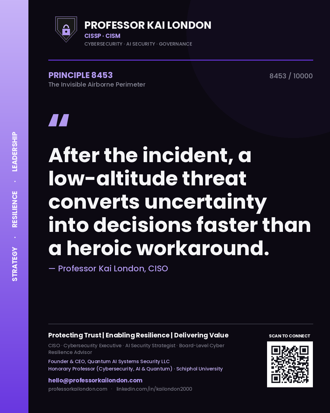 Quote card by Professor Kai London reading 'After the incident, a low-altitude threat converts uncertainty into decisions faster than a heroic workaround.'. From the book The Invisible Airborne Perimeter.