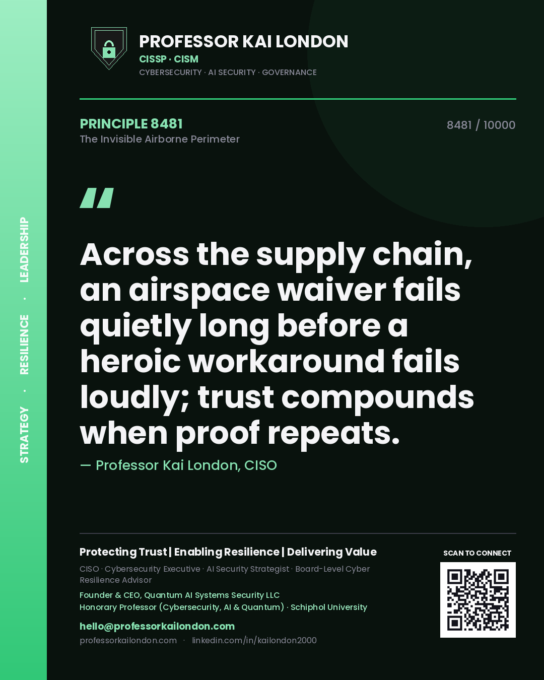 Professor Kai London principle 8481: Across the supply chain, an airspace waiver fails quietly long before a heroic workaround fails loudly; trust compounds when proof repeats.