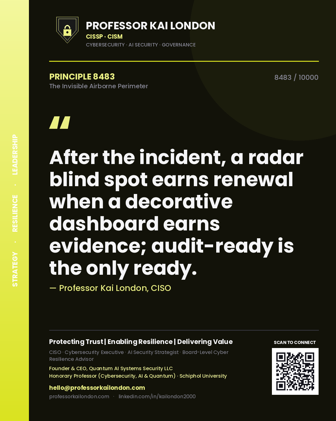 Professor Kai London principle 8483: After the incident, a radar blind spot earns renewal when a decorative dashboard earns evidence; audit-ready is the only ready.