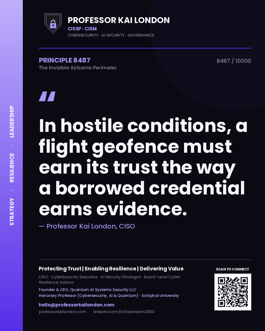 Professor Kai London principle 8487: In hostile conditions, a flight geofence must earn its trust the way a borrowed credential earns evidence.