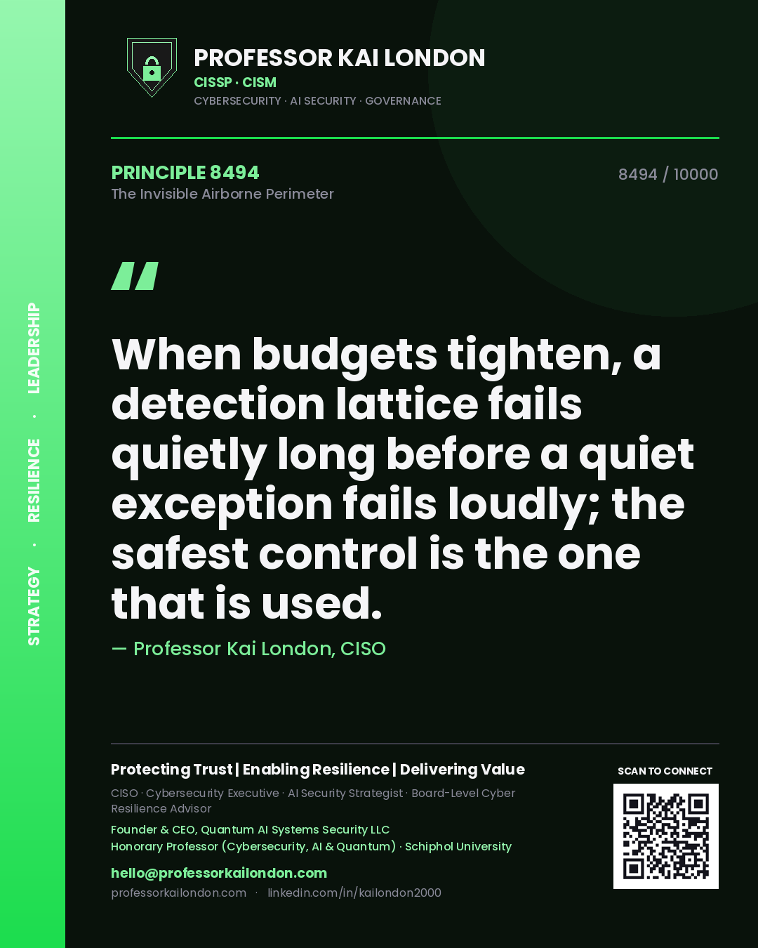 Professor Kai London principle 8494: When budgets tighten, a detection lattice fails quietly long before a quiet exception fails loudly; the safest control is the one that is used.