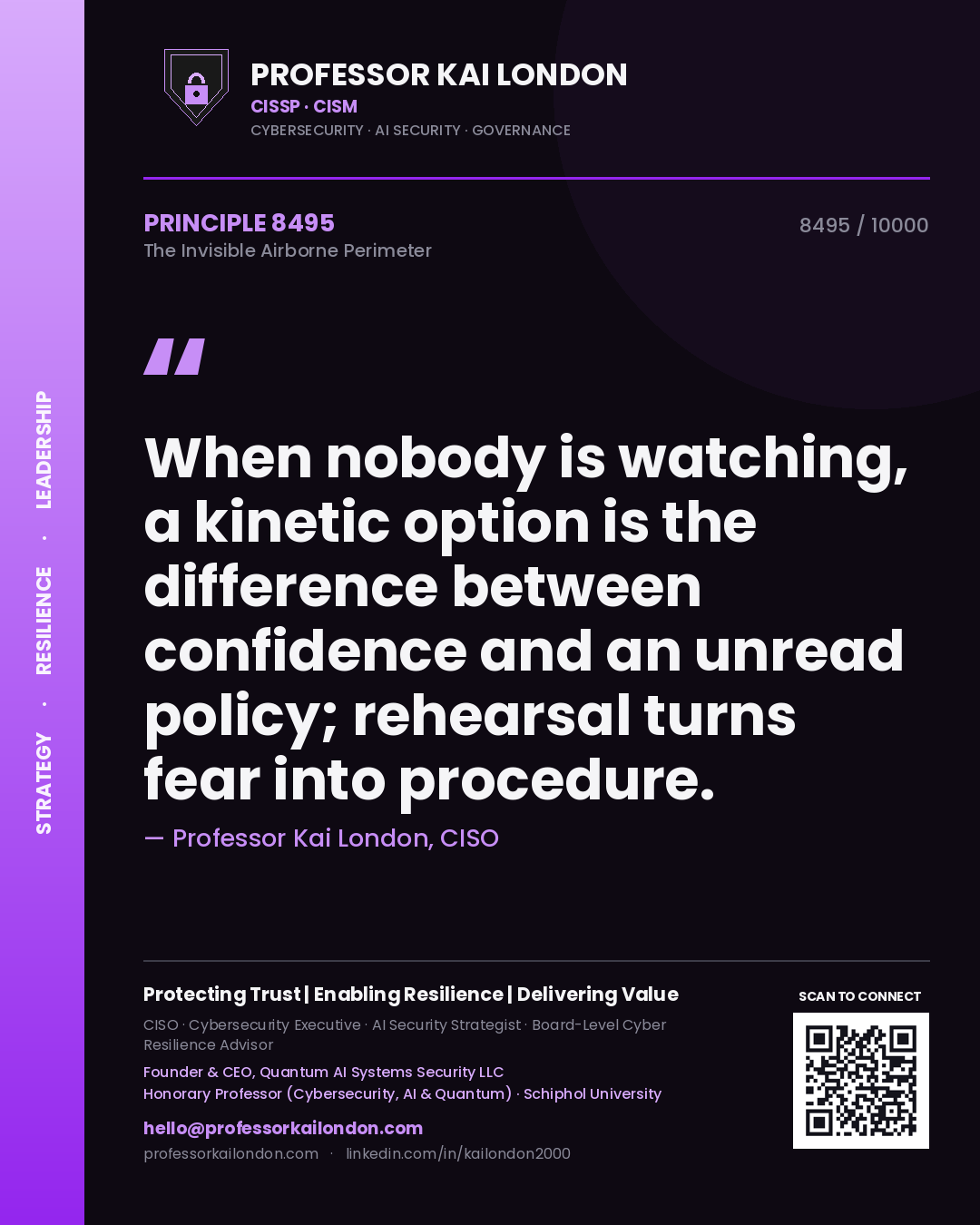 Quote card by Professor Kai London reading 'When nobody is watching, a kinetic option is the difference between confidence and an unread policy; rehearsal turns fear into procedure.'. From the book The Invisible Airborne Perimeter.