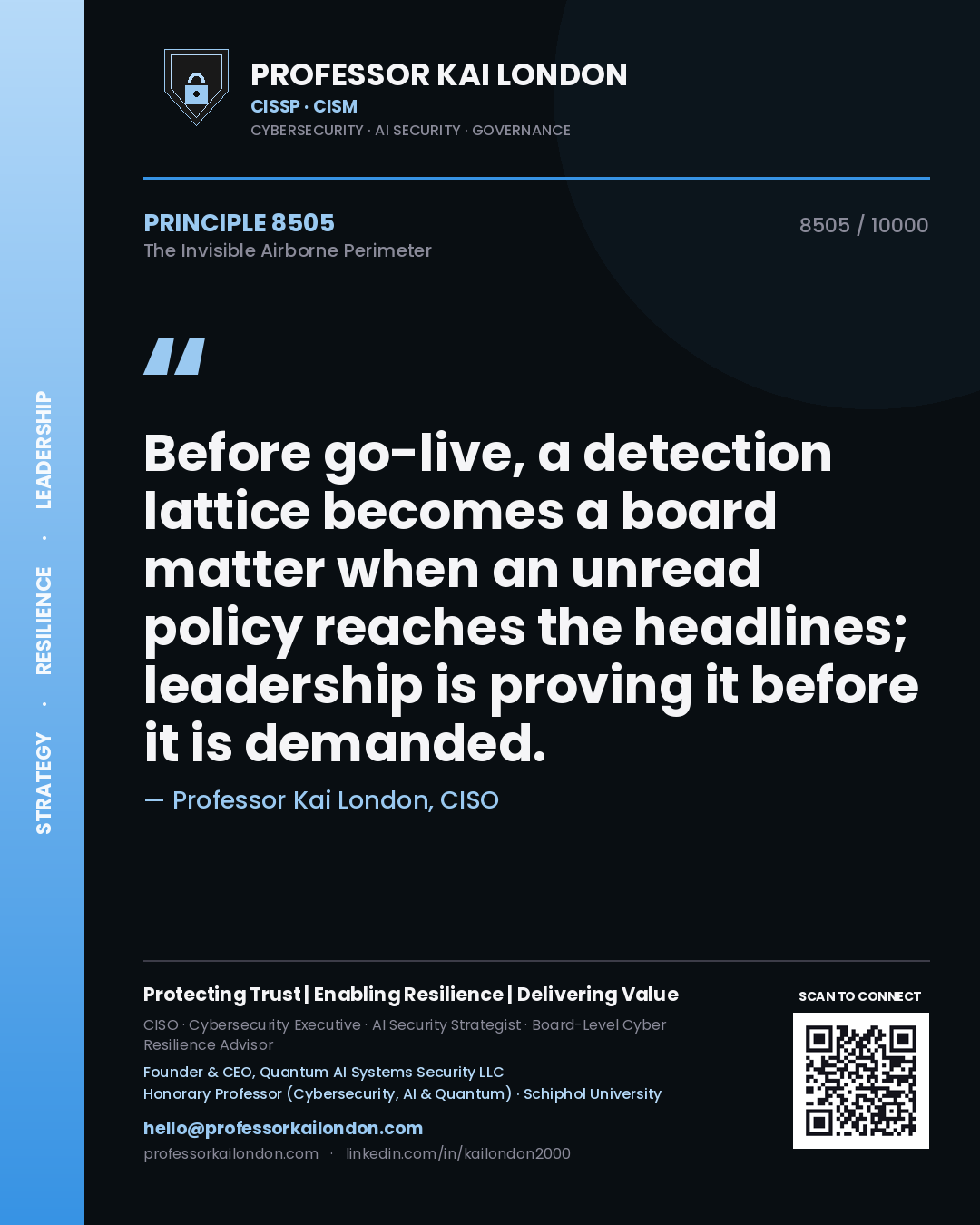 Professor Kai London principle 8505: Before go-live, a detection lattice becomes a board matter when an unread policy reaches the headlines; leadership is proving it before it is demanded.