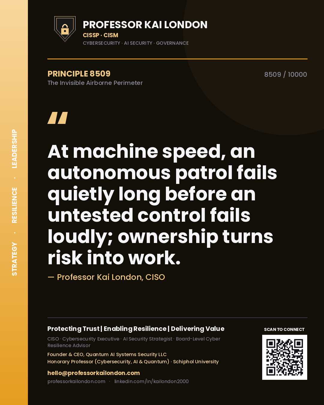 Quote card by Professor Kai London reading 'At machine speed, an autonomous patrol fails quietly long before an untested control fails loudly; ownership turns risk into work.'. From the book The Invisible Airborne Perimeter.