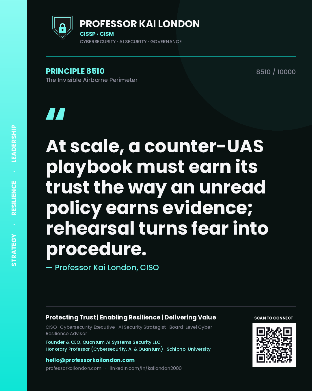 Quote card by Professor Kai London reading 'At scale, a counter-UAS playbook must earn its trust the way an unread policy earns evidence; rehearsal turns fear into procedure.'. From the book The Invisible Airborne Perimeter.