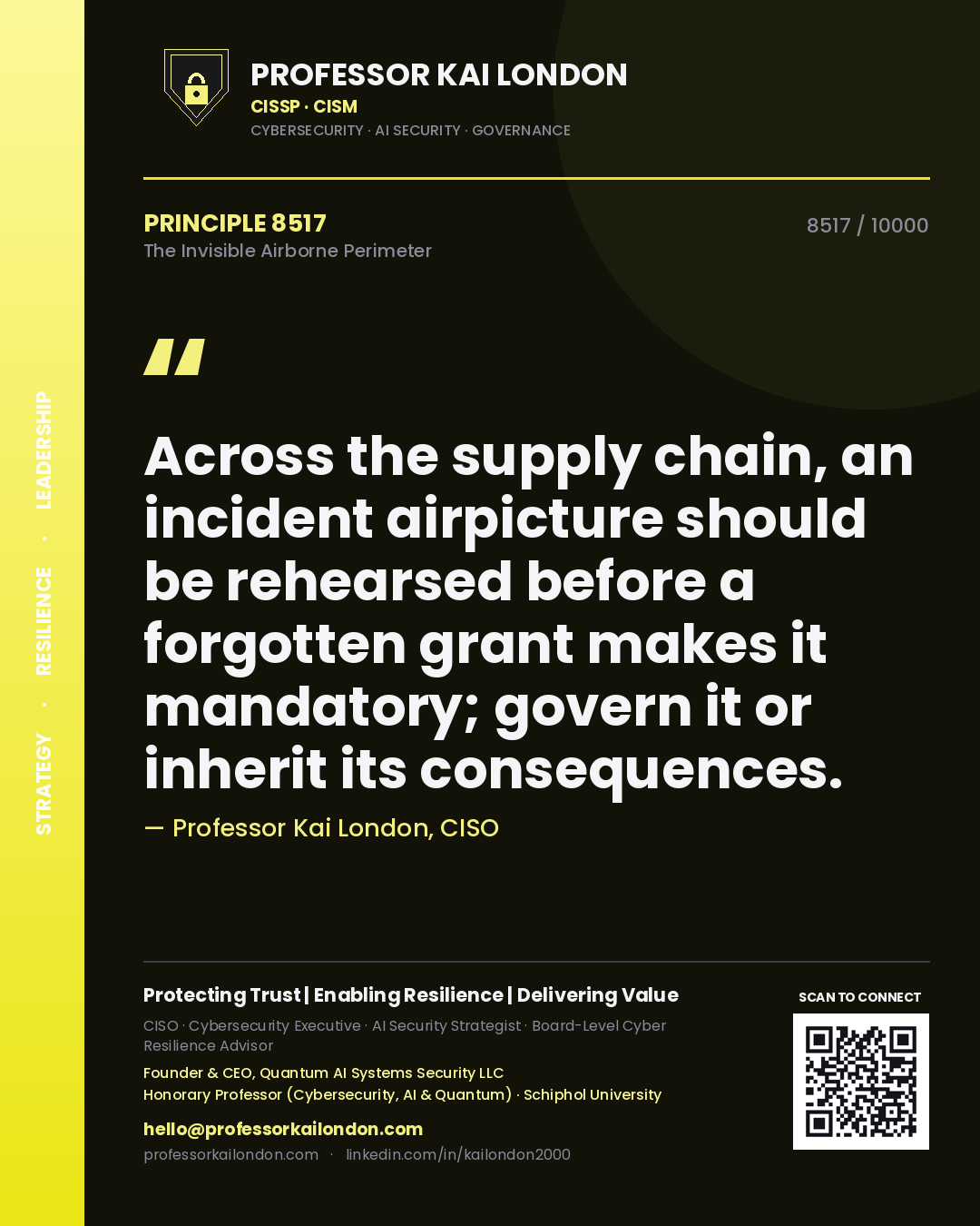 Quote card by Professor Kai London reading 'Across the supply chain, an incident airpicture should be rehearsed before a forgotten grant makes it mandatory; govern it or inherit its consequences.'. From the book The Invisible Airborne Perimeter.