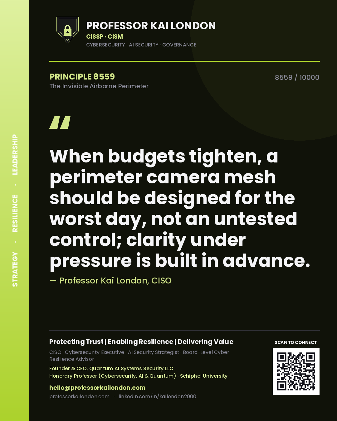Quote card by Professor Kai London reading 'When budgets tighten, a perimeter camera mesh should be designed for the worst day, not an untested control; clarity under pressure is built in advance.'. From the book The Invisible Airborne Perimeter.