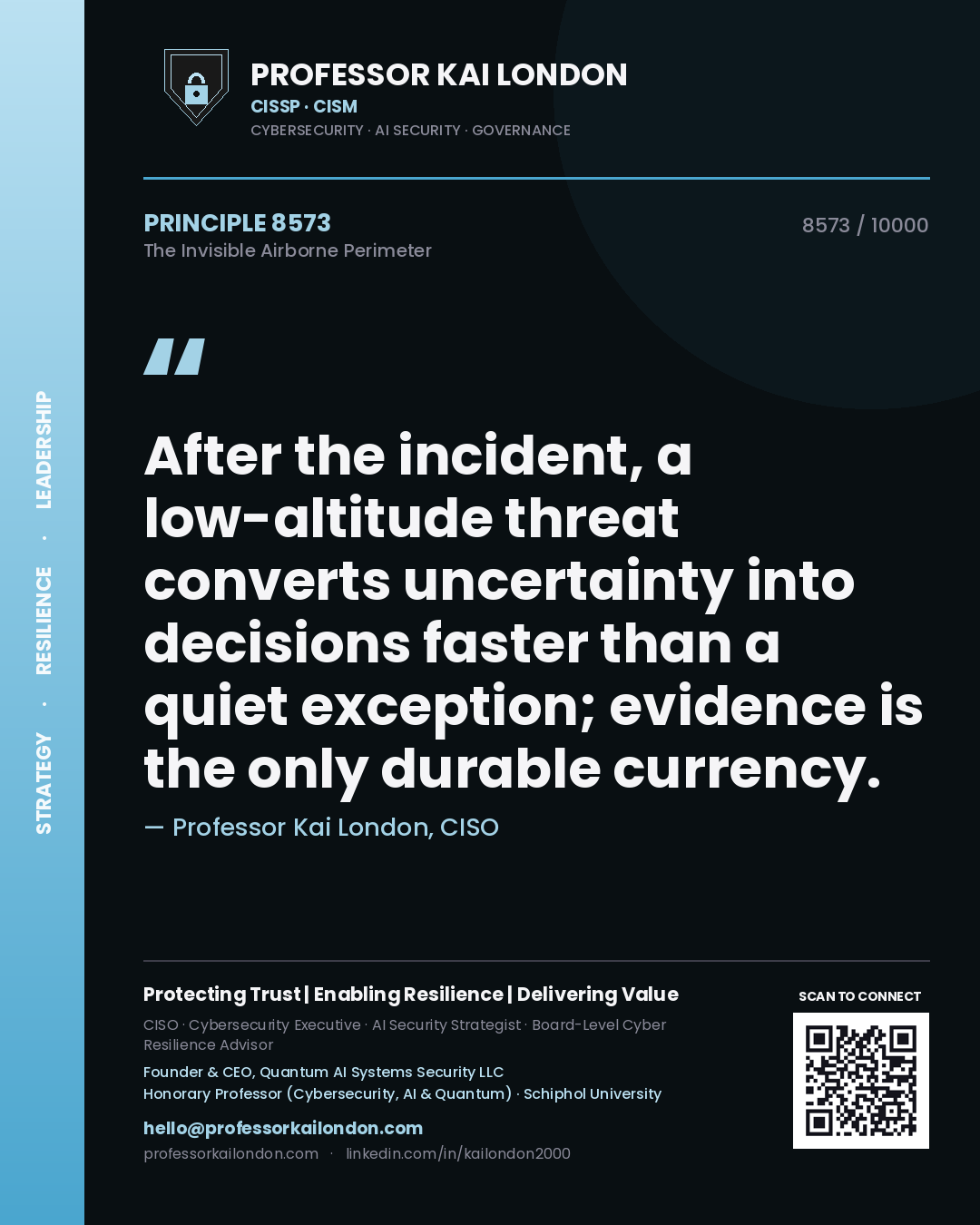 Quote card by Professor Kai London reading 'After the incident, a low-altitude threat converts uncertainty into decisions faster than a quiet exception; evidence is the only durable currency.'. From the book The Invisible Airborne Perimeter.