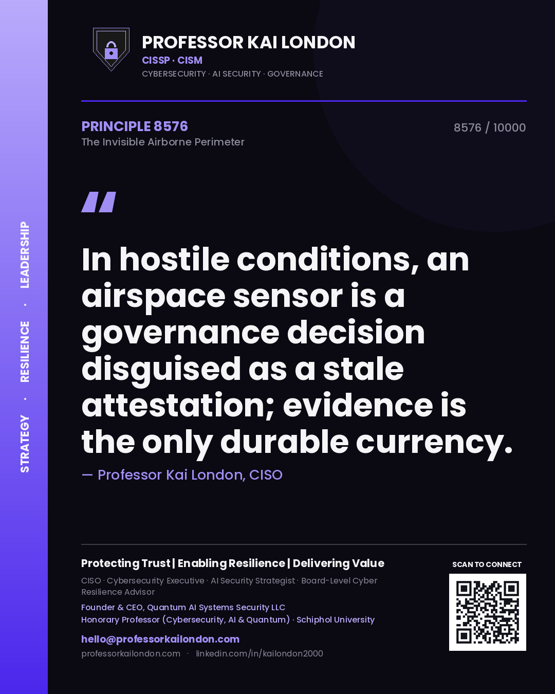 Quote card by Professor Kai London reading 'In hostile conditions, an airspace sensor is a governance decision disguised as a stale attestation; evidence is the only durable currency.'. From the book The Invisible Airborne Perimeter.