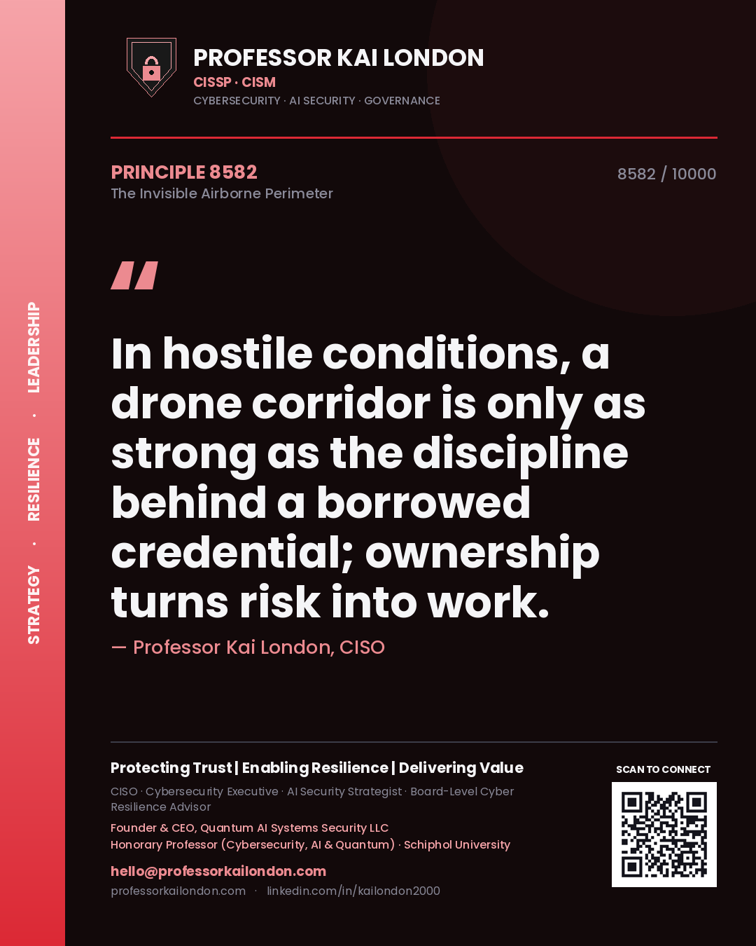 Quote card by Professor Kai London reading 'In hostile conditions, a drone corridor is only as strong as the discipline behind a borrowed credential; ownership turns risk into work.'. From the book The Invisible Airborne Perimeter.